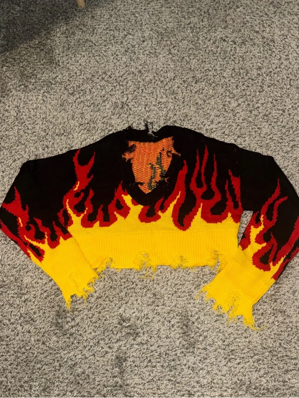 Distressed Flame-Print Cropped Sweater in Black, Red & Yellow - Picture 1 of 2